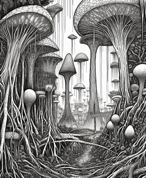 Premium Photo | A drawing of a forest with a lot of mushrooms on it.