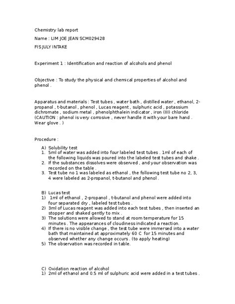 (DOC) Identification and reaction of alcohols and phenol lab report