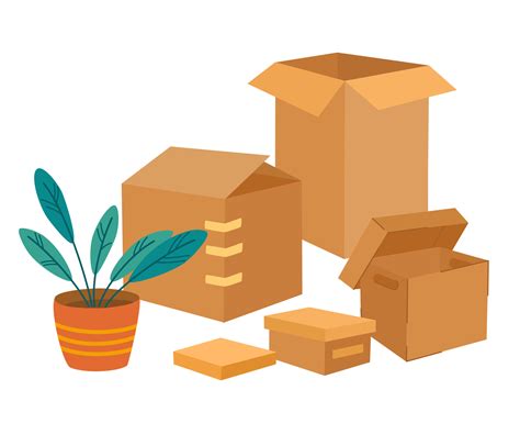 Boxes set. Cardboard boxes with various things and plant. Moving and ...