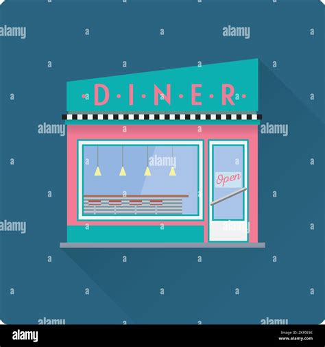 Flat design long shadow diner building vector illustration, facade with ...