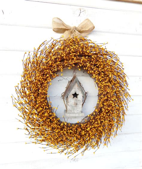 Fall Wreath-YELLOW Birdhouse Wreath-Summer Door Wreath-Autumn