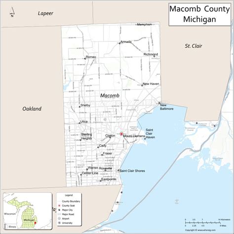 Map of Macomb County, Michigan showing cities, highways & important ...