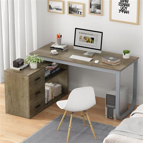 Timechee L Shaped Desk with Storage Shelf and 3 Drawers, 55" Home ...