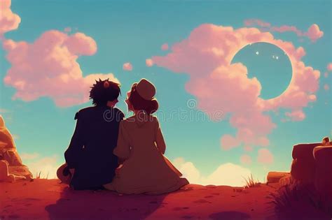 A Lovely Anime Couple Sitting Together on a Hill in Front of a Fantasy ...