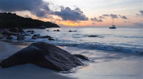 Coastal Landscape of Anse Lazio on a Sunset. Praslin, Seychelles Stock ...