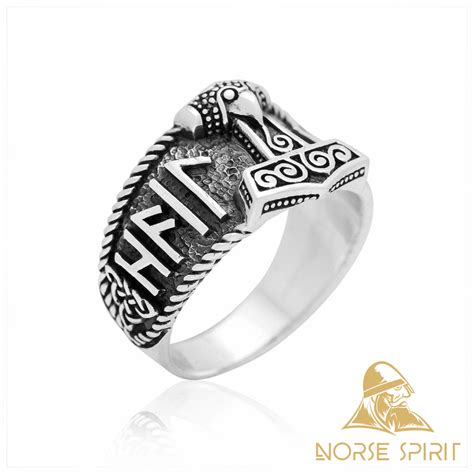 925 Sterling Silver Mjolnir and Hail Odin Runes Ring | Norse jewelry, 925 sterling silver, Silver