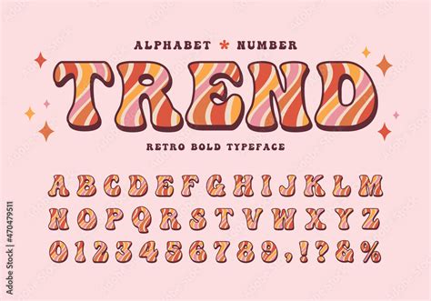 Groovy retro alphabet & number. Wave swirl pattern font. Seventies nostalgic typographic ...