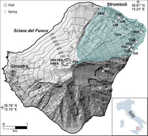 Map of Stromboli Island showing the study area (shaded polygon) and the ...