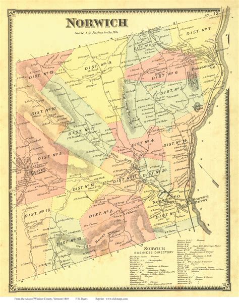 Norwich, Vermont 1869 Old Town Map Reprint - Windsor Co. - OLD MAPS