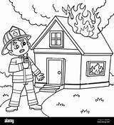Firefighter With A Burning House Coloring Page Stock Vector Image & Art  sketch template