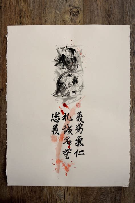 Samurai Seven Virtues of Bushido Original Ink Painting Calligraphy Japanese Warrior Artwork ...