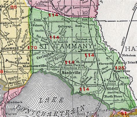 St. Tammany Parish, Louisiana, 1911, Map, Rand McNally, Covington ...