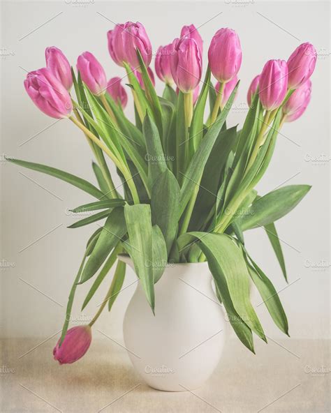 Pink Tulips in White Vase ~ Photos ~ Creative Market