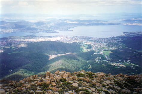 Looking down over Hobart from the viewpoint on the top of Mt Wellington ...