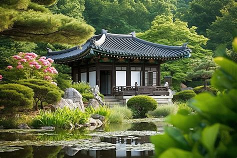 A Traditional Korean House In A Green Colorful And Tropical Garden ...