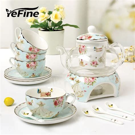 YeFine Ceramic 15 PCS Flower Tea Set British Afternoon Black Tea Set Heatable Glass Teapot Bone ...