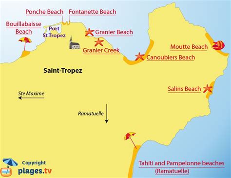 Map of the different beaches in Saint Tropez (France) St. Tropez, Saint ...