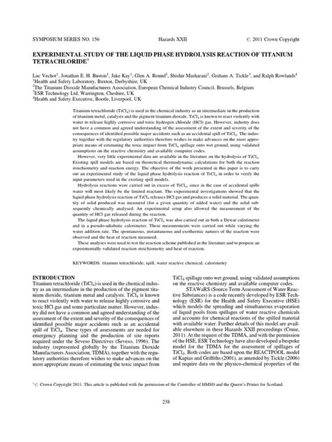 Experimental Study of The Liquid Phase Hydrolysis Reaction of Titanium Tetrachloride | PDF ...