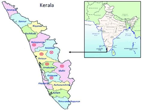 Map showing Thrissur, Malappuram, Palakkad, Ernakulam, Kottayam and ...