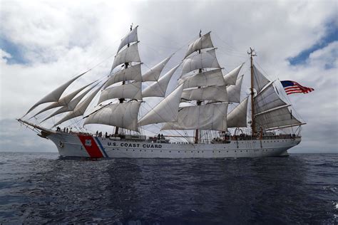 The Coast Guard cutter Eagle sails off the coast of the Azores in the ...