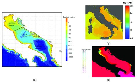 Characterization maps of the Adriatic Sea: (a) depth map, [43-45]; (b)... | Download Scientific ...