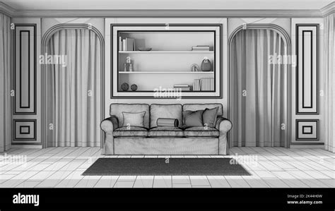 Blueprint unfinished project draft, neoclassic living room, molded walls with bookshelf. Arched ...
