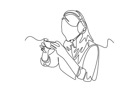 Single one line drawing happy young girl wearing headset playing online video game on his ...