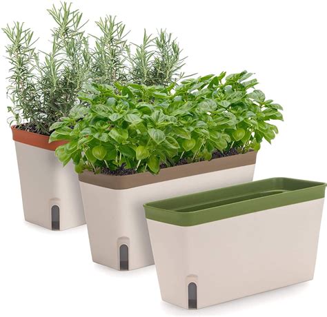 Windowsill Herb Planter Box, Set of 3, Rectangular Self Watering Indoor Garden for Kitchens ...