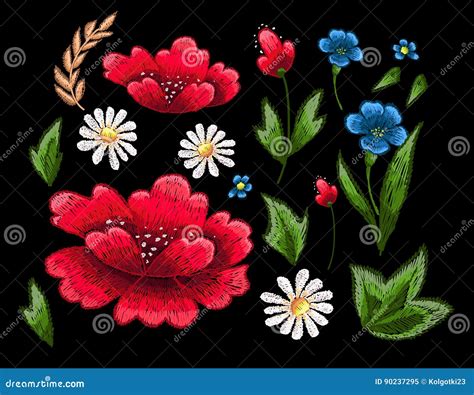 Embroidery Stitches with Flowers. Vector Fashion Embroidered Ornament for Textile, Fabric ...
