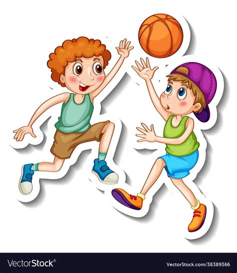 Sticker template with two kids playing basketball Vector Image