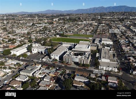 An aerial view of James A. Garfield Senior High School amid the global coronavirus COVID-19 ...