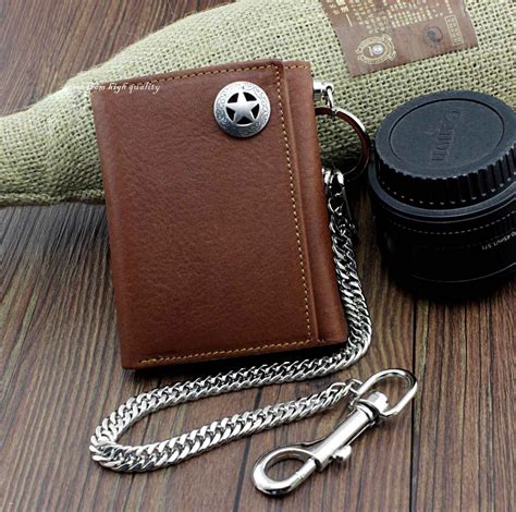 BADASS BROWN LEATHER MENS TRIFOLD SMALL BIKER WALLET CHAIN WALLET WALL ...