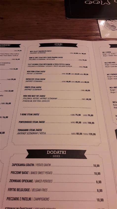 Menu at Moo Moo Steak & Wine steakhouse, Kraków