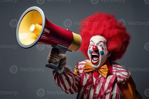 Happy clown screaming into loudspeaker making wide steps isolated on white background ...