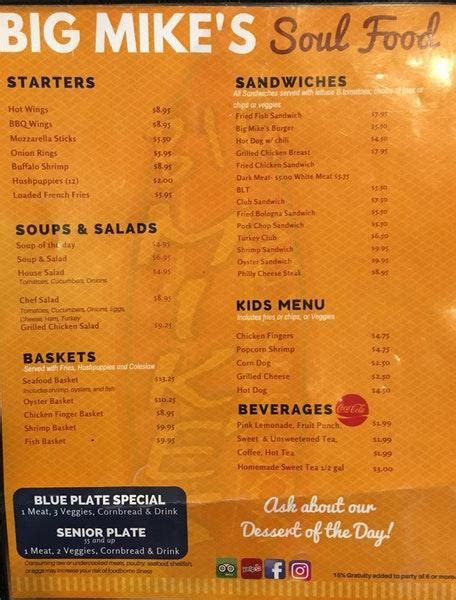 Menu at Big Mike's Soul Food restaurant, Myrtle Beach, 504 16th Ave N