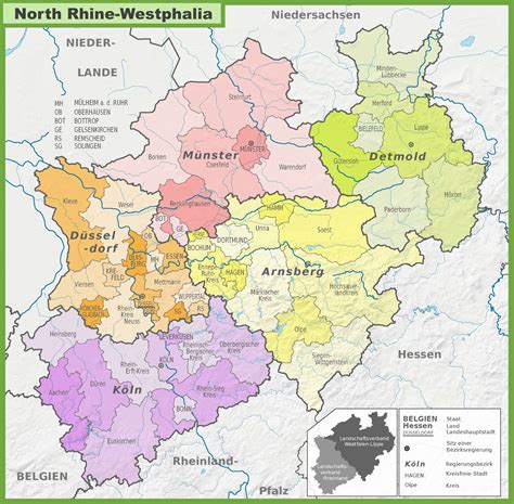 Administrative divisions map of North Rhine-Westphalia - Ontheworldmap.com