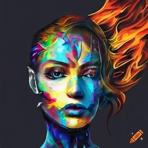 Abstract painting of a fiery water face