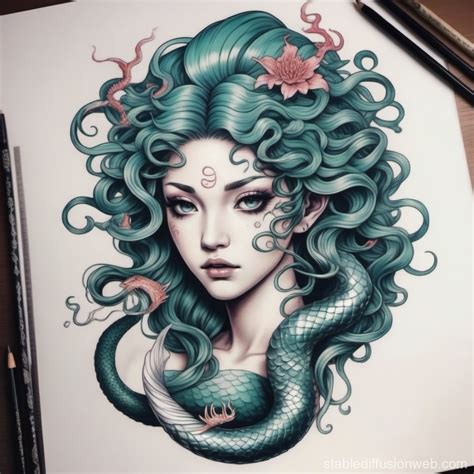 Medusa-Mermaid Fusion Irezumi Tattoo | Stable Diffusion Online