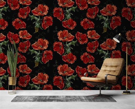 Red Flowers Wallpaper Dark Floral Peel and Stick Wall Mural - Etsy