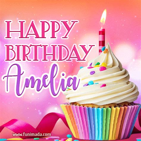 A GIF featuring the name Amelia, a decorated cupcake with a lit candle, and sprinkles ...