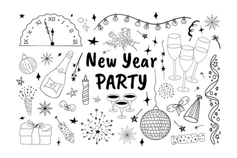 Set of New Year's Party Holiday clipart. Hand drawn New Year Party ...