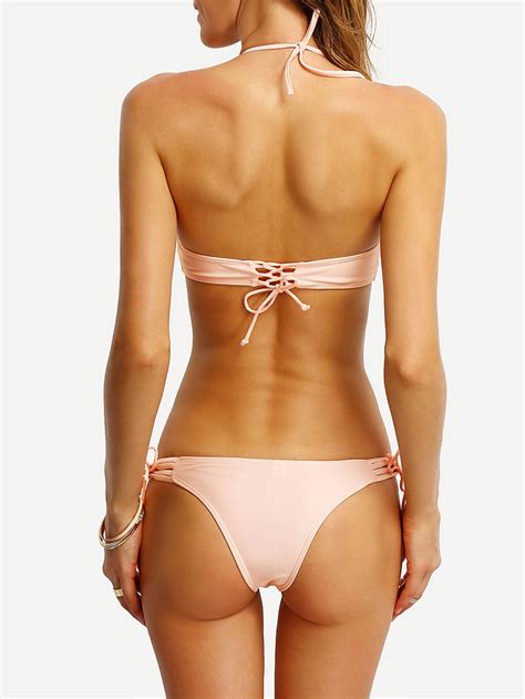 Halter Lace-Up Bikini Set -SheIn(Sheinside)