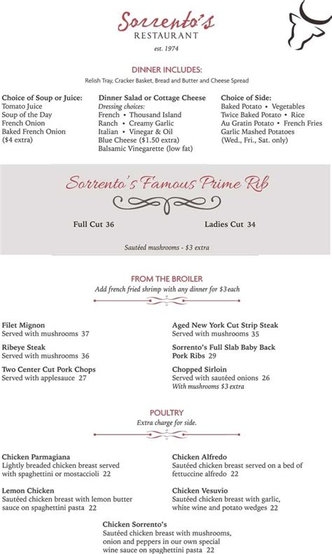 Menu | Sorrento’s Restaurant | Appetizers | Supper Club | Steak