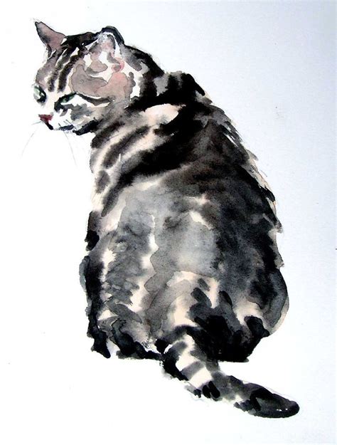 a watercolor painting of a cat sitting on top of a white floor next to ...