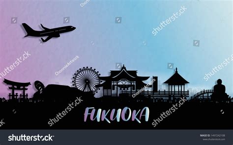 Silhouette Panorama View Fukuoka City Skyline Stock Vector (Royalty ...