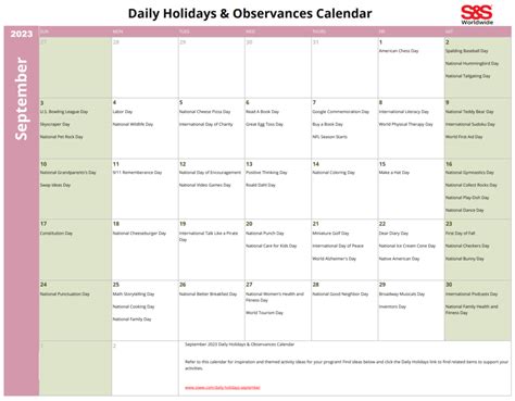 Daily Holidays & Observances Printable Calendar Archives - S&S Blog