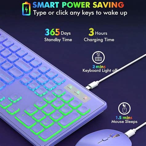 Purple Wireless Keyboard And Mouse Combo RGB Backlit, Rechargeable ...