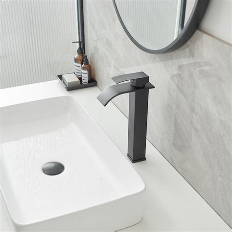 BWE Matte Black Vessel 1-Handle Waterfall Bathroom Sink Faucet with Drain in the Bathroom Sink ...