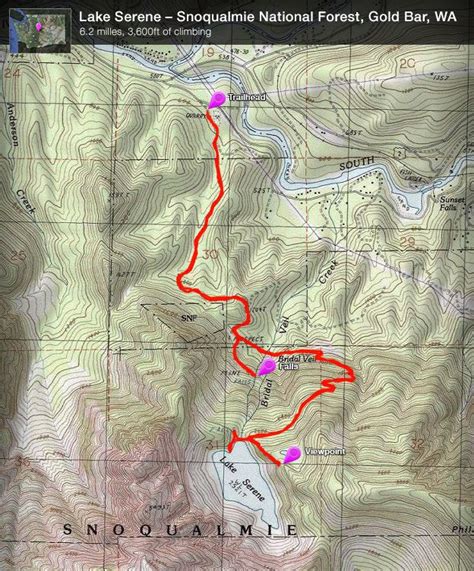 Another map! Hike! Lake Serene 7.2 mile out/back trail. Near Gold Bar, WA. See Lake Serene (dur ...