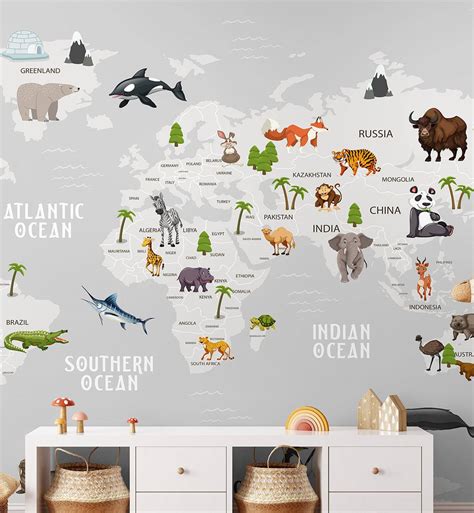 Animals World Map Kids Removable Wallpaper | Walltrendz